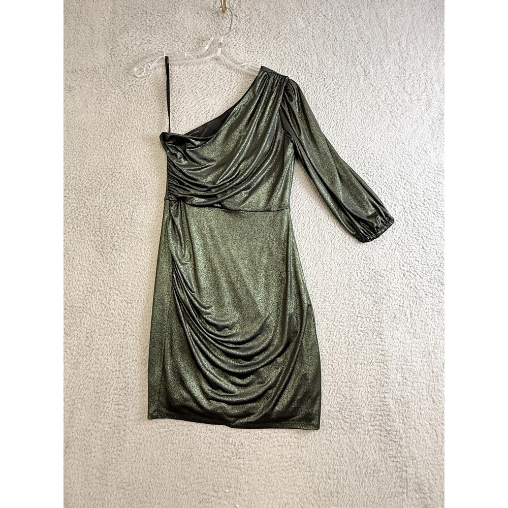Donna Morgan Dress Womens 4 Green One Shoulder Ruched Metallic Shimmer Cocktail